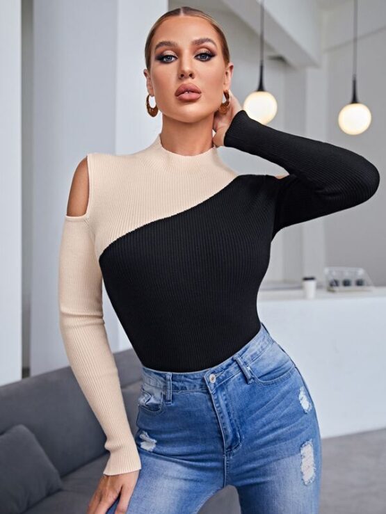 Two Tone Cold Shoulder Sweater - Image 4