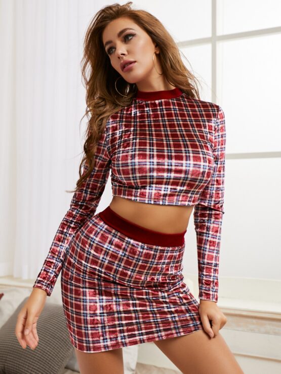 SBetro Mock-neck Plaid Velvet Top & Skirt Set