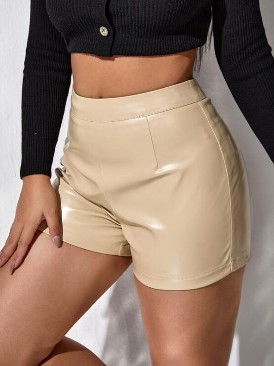 Solid High Waist PU Leather Shorts
