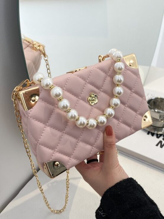 Faux Pearl Decor Quilted Box Bag - Image 4