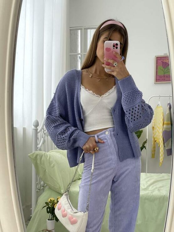Drop Shoulder Pointelle Knit Cardigan