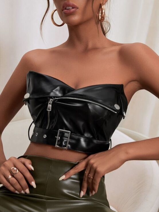 PU Leather Belted Moto Tube Top