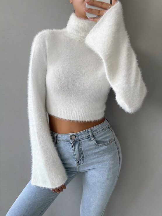 Rolled Neck Crop Fuzzy Sweater