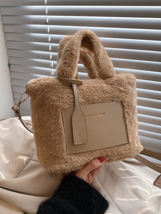 Letter Patch Fluffy Top Handle Bag - Image 4