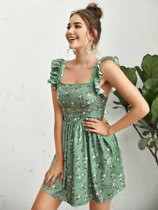 Ruffle Strap Tied Backless Floral Front Dress - Image 2