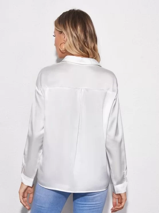 Drop Shoulder Button Front Satin Blouse - Image 2