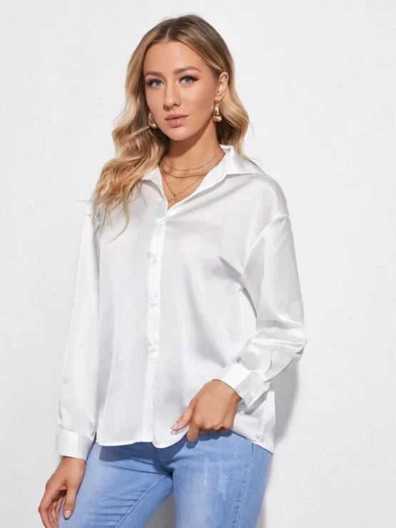 Drop Shoulder Button Front Satin Blouse - Image 3