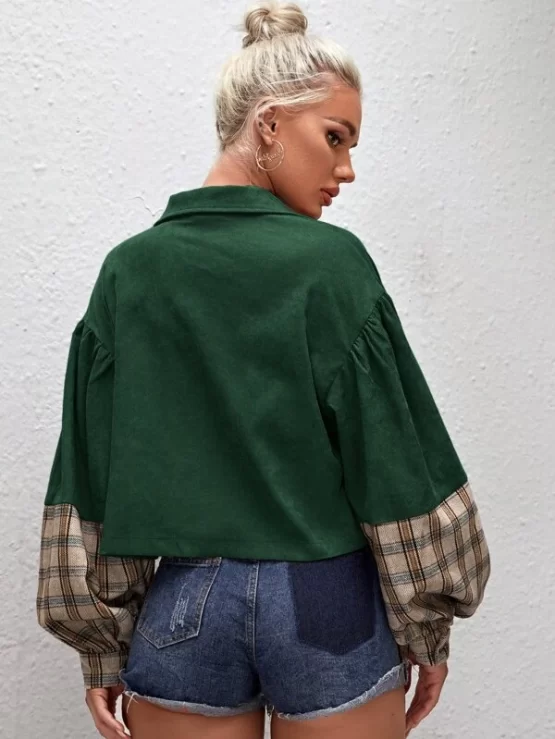 Tartan Panel Pocket Front Corduroy Crop Shacket - Image 2