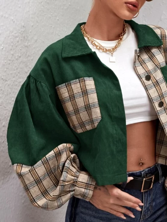 Tartan Panel Pocket Front Corduroy Crop Shacket - Image 3