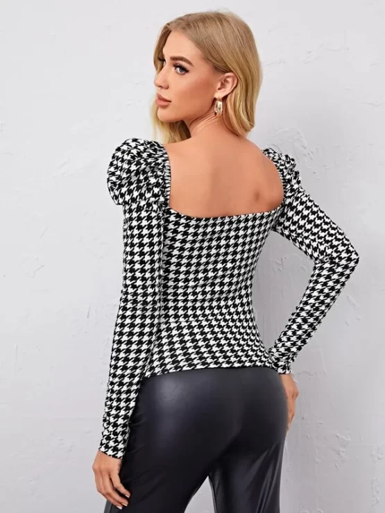 Sweetheart Neck Gigot Sleeve Houndstooth Top - Image 2