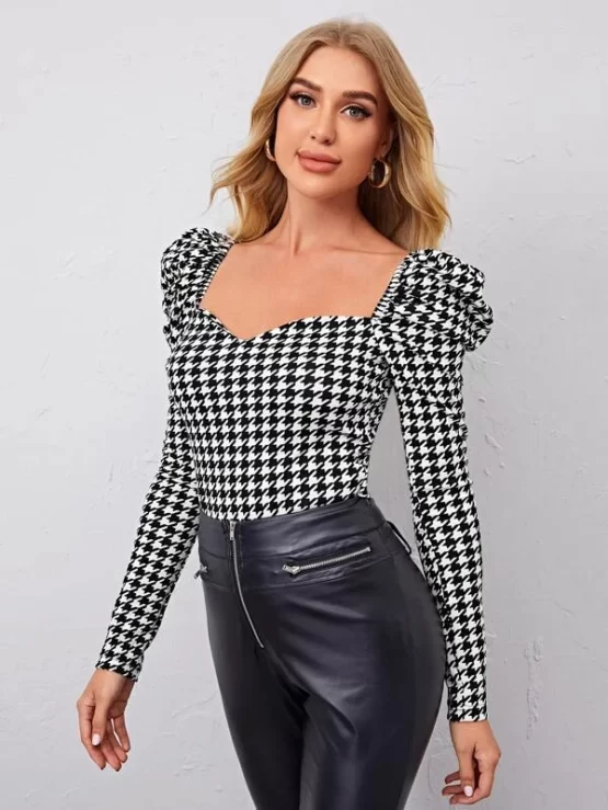 Sweetheart Neck Gigot Sleeve Houndstooth Top - Image 3