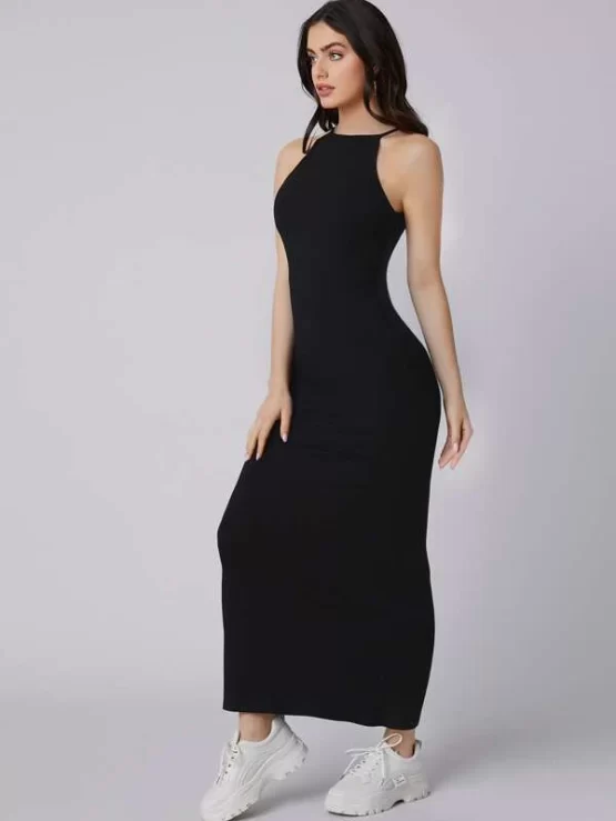 Solid Halter Fitted Hot Dress - Image 2