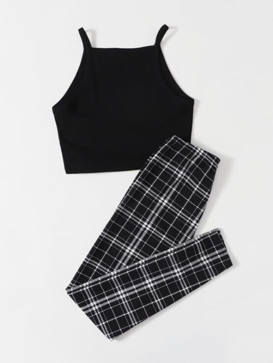 Girls Rib-knit Cami Top and Plaid Leggings Set - Image 5
