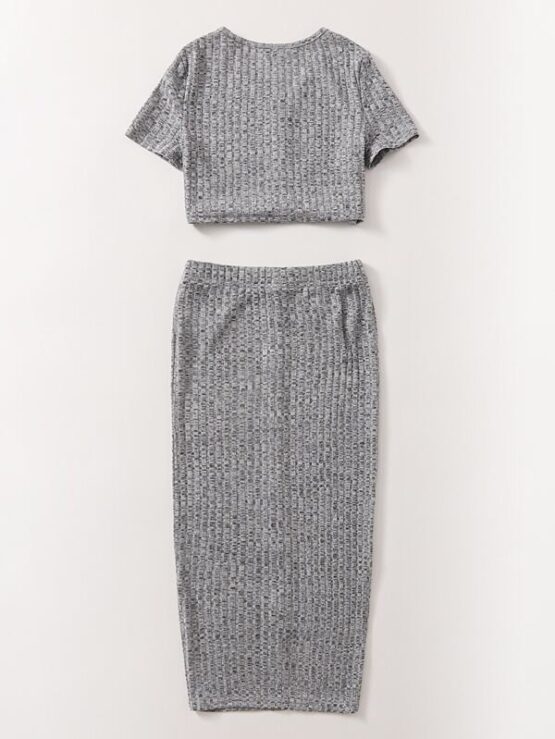 Girls V-neck Rib-knit Button Front Top & Skirt Set - Image 2