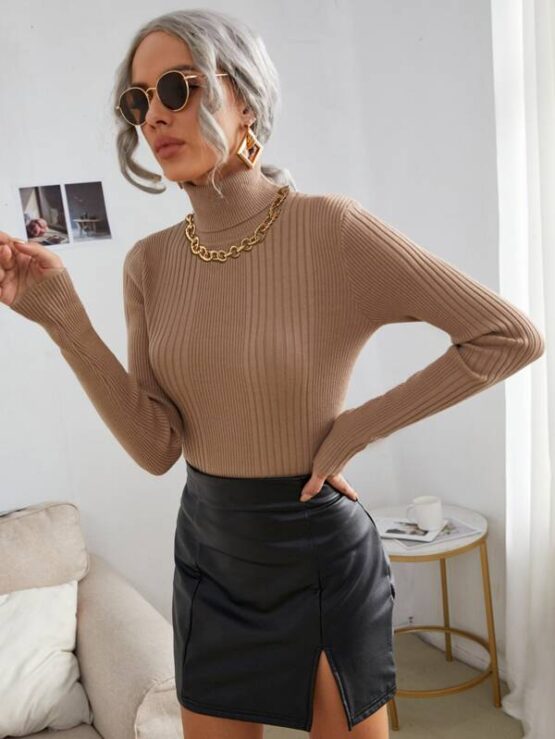 Turtleneck Ribbed Knit Slim Fit Sweater - Image 3