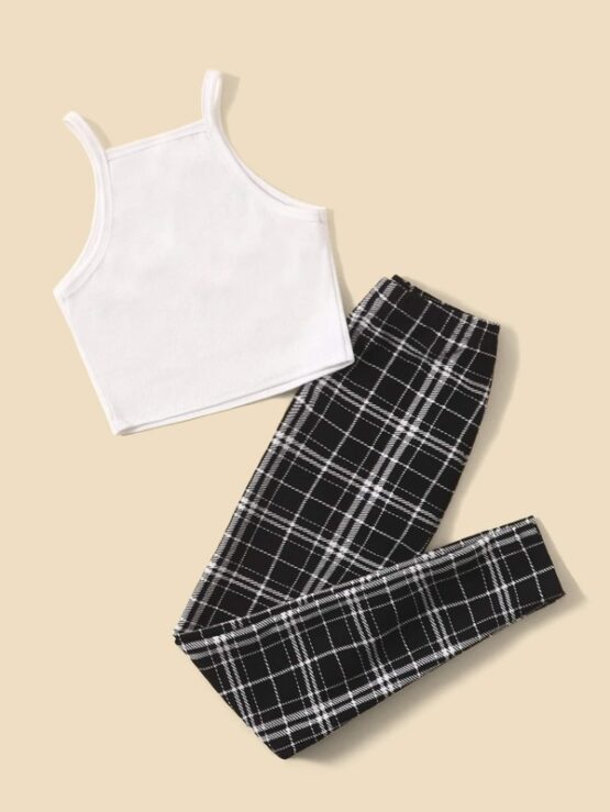 Girls Rib-knit Cami Top and Plaid Leggings Set - Image 2
