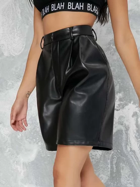 High Waist Slant Pockets PU Leather Shorts - Image 2