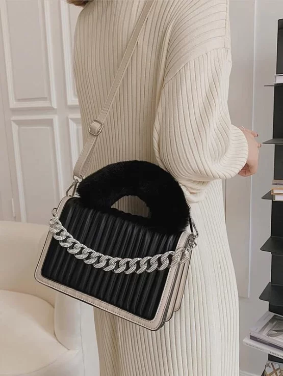 Chain Decor Fluffy Leather Handle Satchel Bag - Image 2