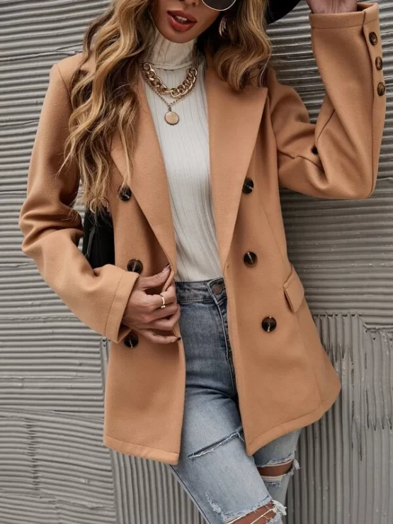 Solid Double Breasted Overcoat - Image 4
