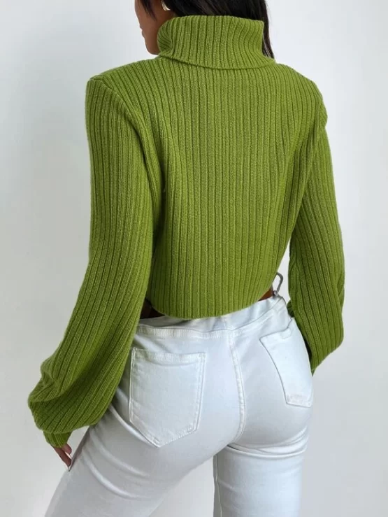 Solid Turtleneck Bishop Sleeve Crop Sweater - Image 2