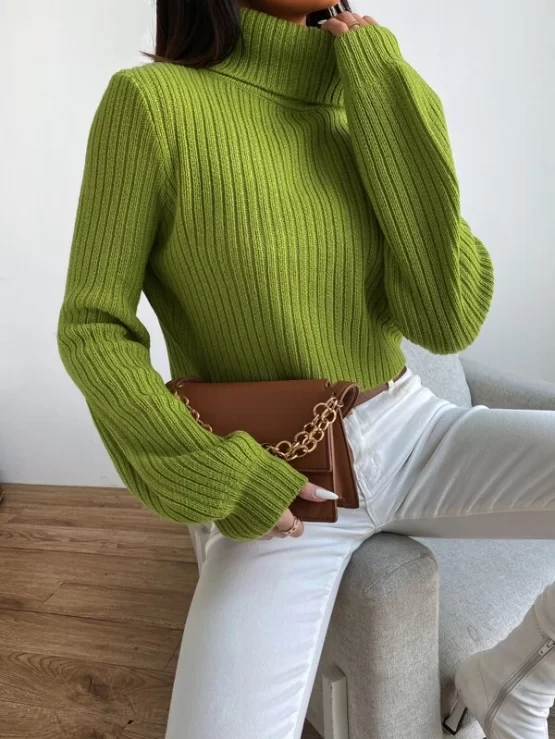 Solid Turtleneck Bishop Sleeve Crop Sweater - Image 3