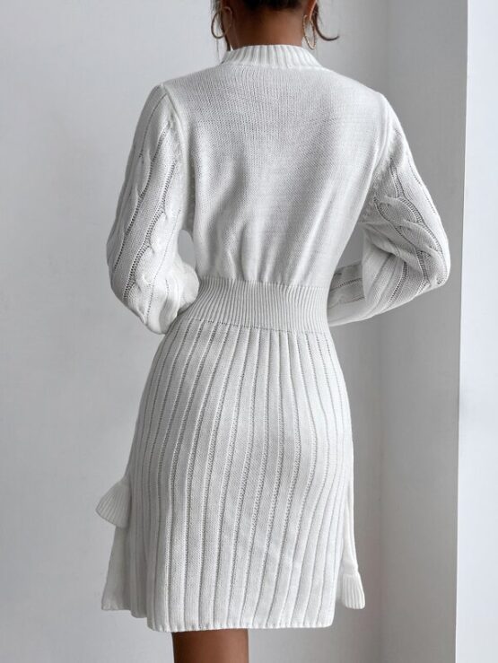 Cable Knit Mock Neck Ruffle Trim Sweater Dress Without Belt - Image 3