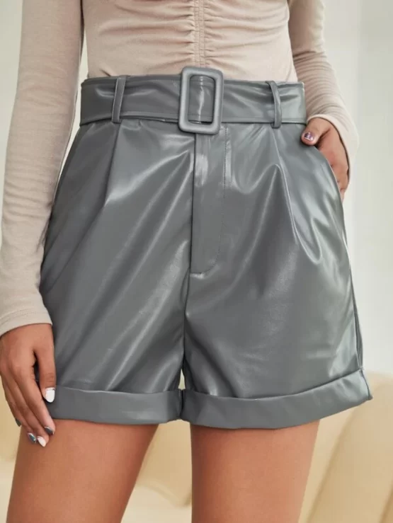 Buckle Belted PU Leather Shorts - Image 2