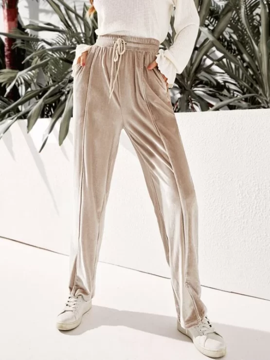 Seam Front Drawstring Waist Velvet Pants - Image 3
