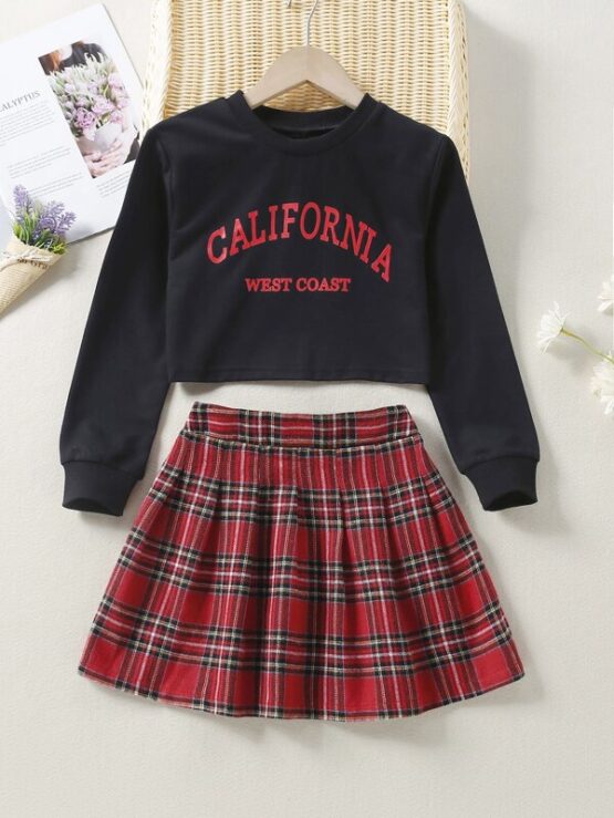Girls Letter Graphic Crop Top & Tartan Pleated Skirt - Image 2