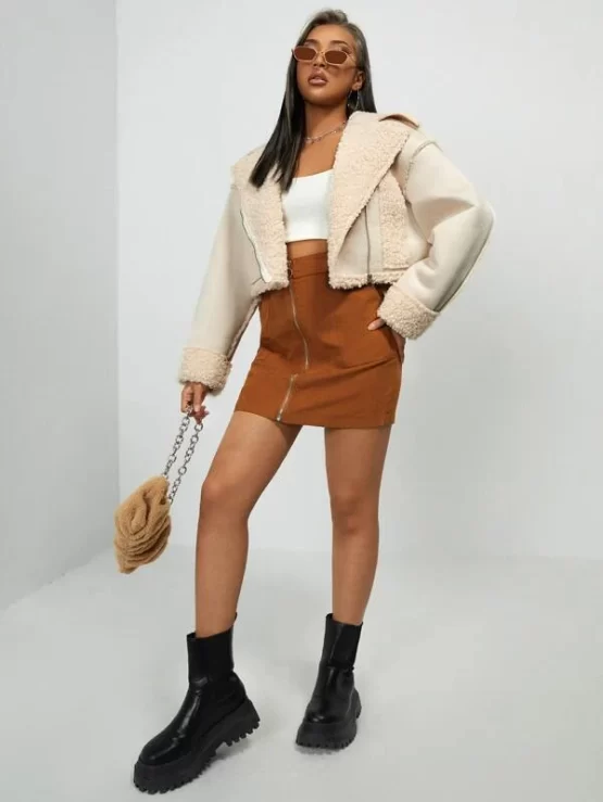 Lapel Neck Zip Up Teddy Lined Jacket - Image 2