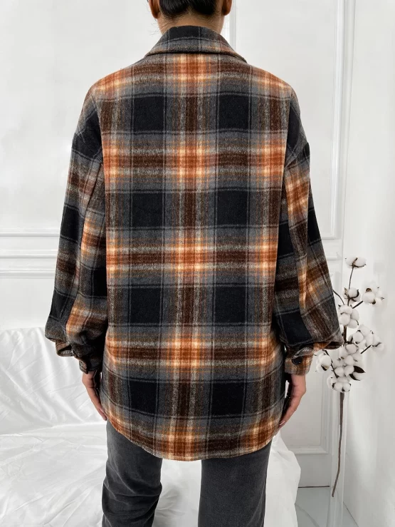 Flap Pocket Drop Shoulder Plaid Blouse - Image 2