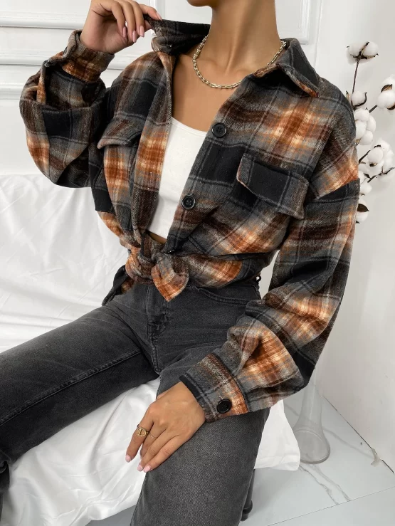 Flap Pocket Drop Shoulder Plaid Blouse - Image 3