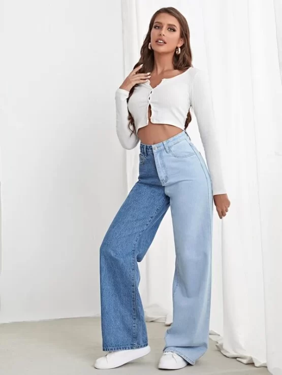 High Waisted Colorblock Wide Leg Jeans - Image 3