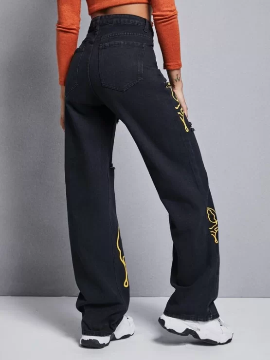 Graphic Print Ripped Wide Leg Jeans - Image 5