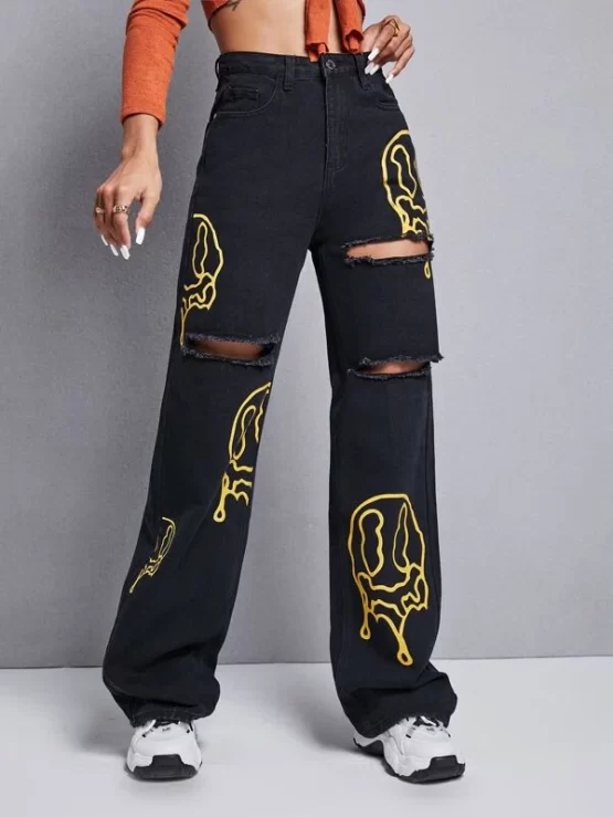 Graphic Print Ripped Wide Leg Jeans - Image 6
