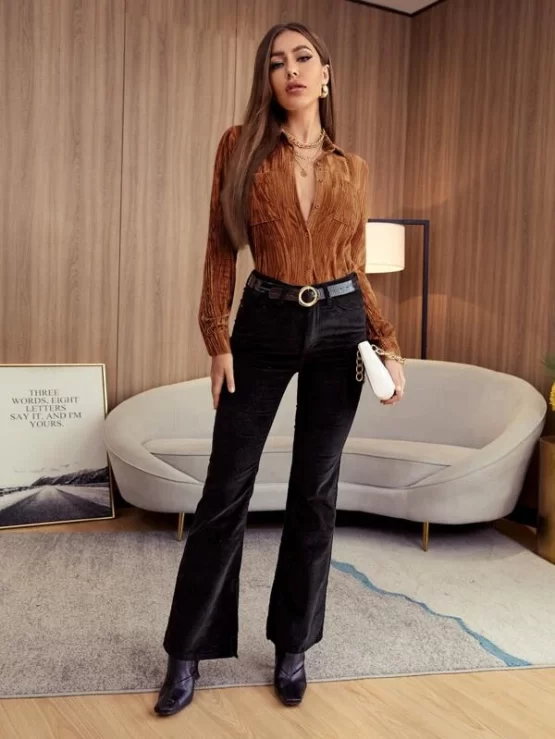 Pocket Front Velvet Hot Blouse - Image 2