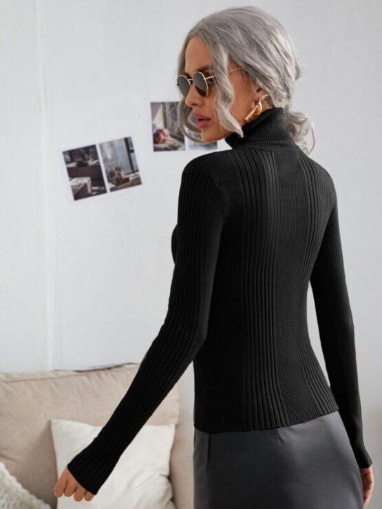 Turtleneck Ribbed Knit Slim Fit Sweater - Image 9