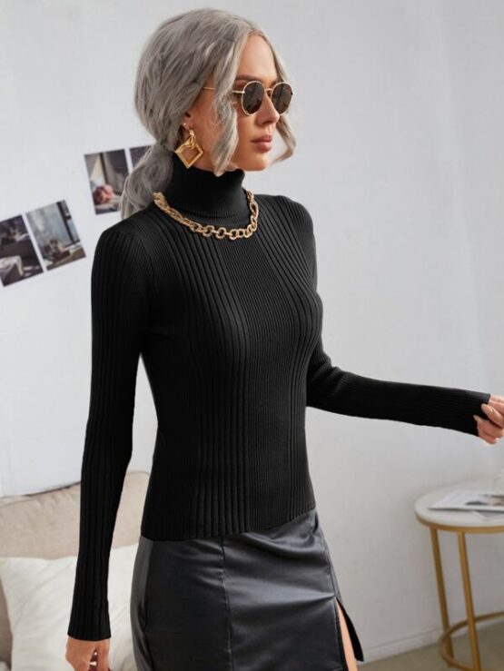 Turtleneck Ribbed Knit Slim Fit Sweater - Image 8