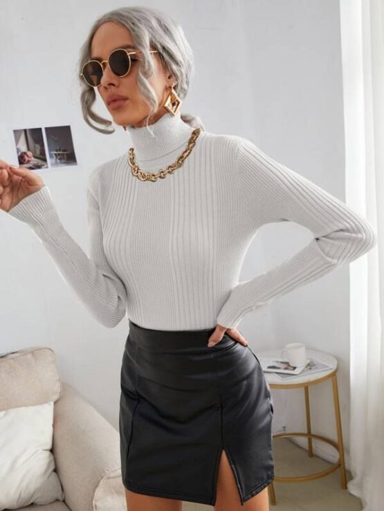 Turtleneck Ribbed Knit Slim Fit Sweater - Image 6