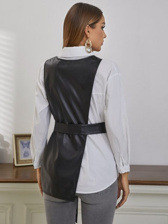 PU Leather Belted Coat Without Blouse - Image 3