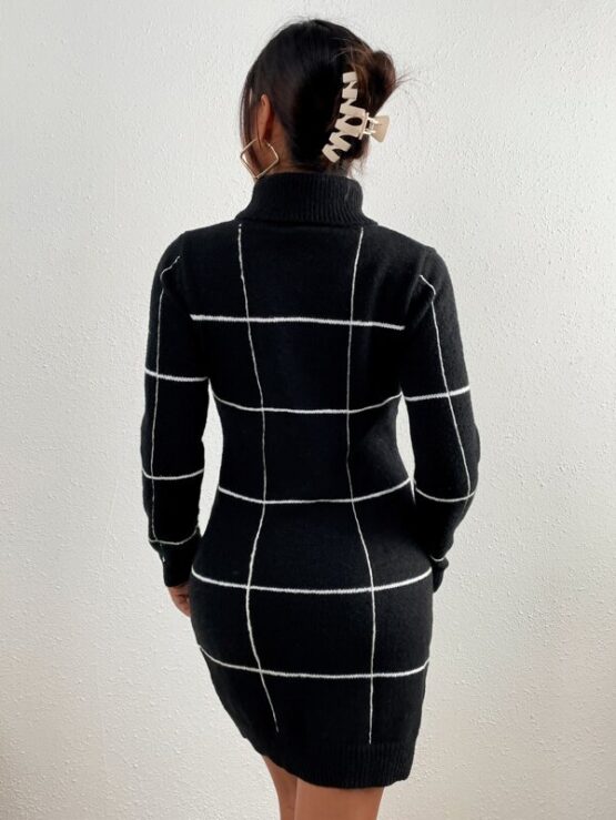 Plaid Pattern Turtle Neck Sweater Dress Without Belt - Image 2