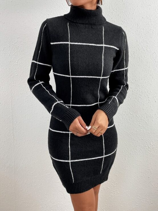 Plaid Pattern Turtle Neck Sweater Dress Without Belt - Image 3
