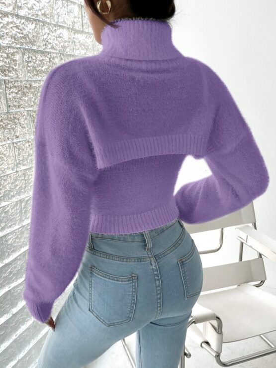 Turtleneck Super Crop Fuzzy Sweater & Cami Knit Top - Image 2