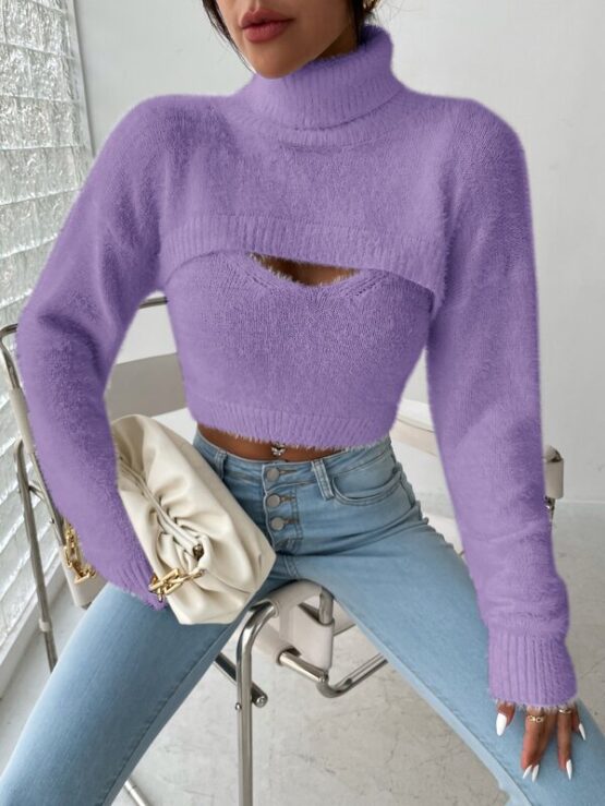 Turtleneck Super Crop Fuzzy Sweater & Cami Knit Top - Image 3