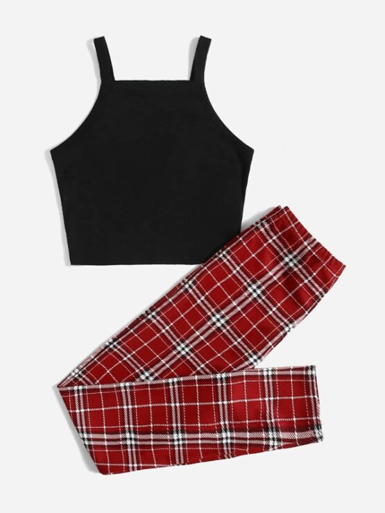 Girls Rib-knit Cami Top and Plaid Leggings Set - Image 8