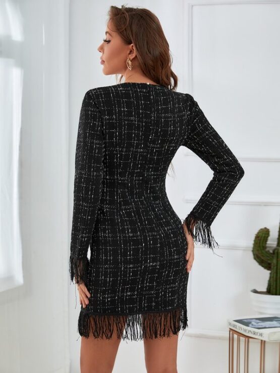 Plaid Fringe Trim Fake Button Tweed Bodycon Dress - Image 2