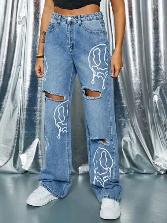 Graphic Print Ripped Wide Leg Jeans - Image 2