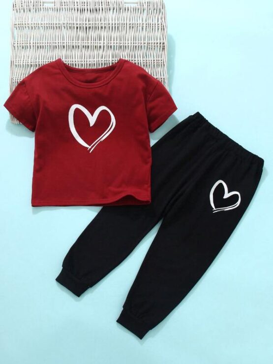 Girls Casual Heart Print Tee With Sweatpants