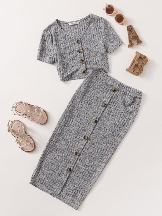 Girls V-neck Rib-knit Button Front Top & Skirt Set