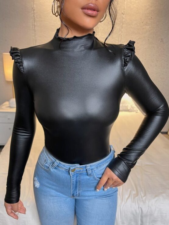 Mock Neck Ruffle Trim PU Leather Tee - Image 4